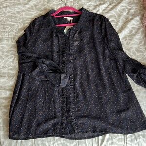 NWT Skies Are Blue Navy and Gold Star ruffle front button down XXL